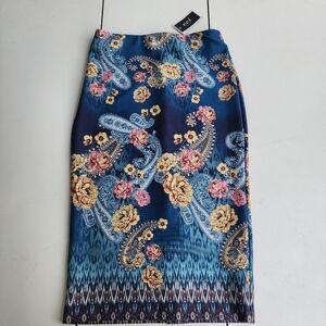 NWT ECI Women's Midi Scuba Stretch Pencil Skirt Printed Floral Teal Blue Pink XS